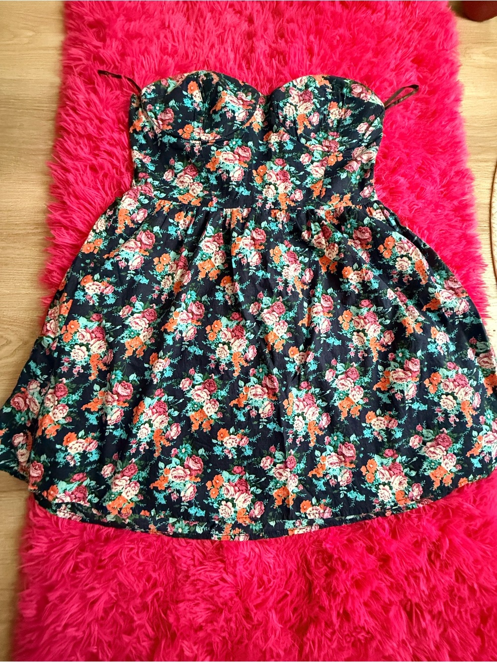 Forever 21 Floral Strapless Dress - Navy with Pink & Orange Flowers